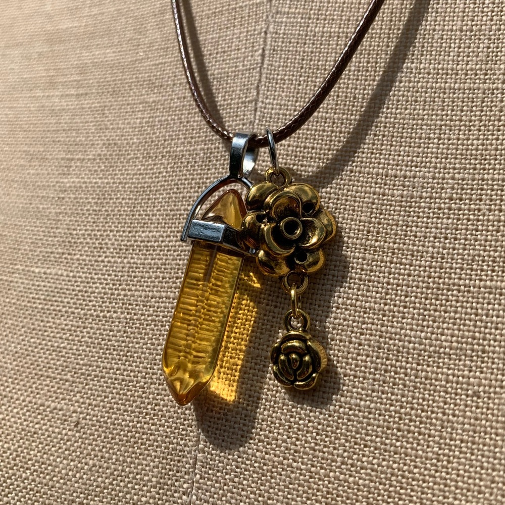 Handmade Honey Amber Resin Crystal Amulet Necklace & Flower Charm - Picture 3 of 8